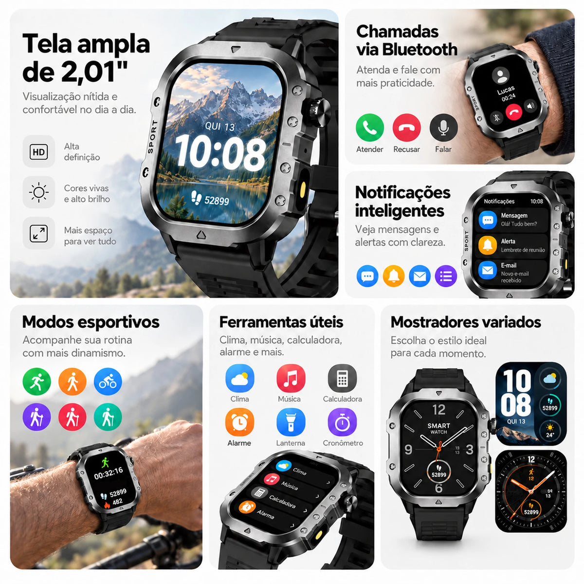 Smartwatch 2,01" Tela HD Esportivo