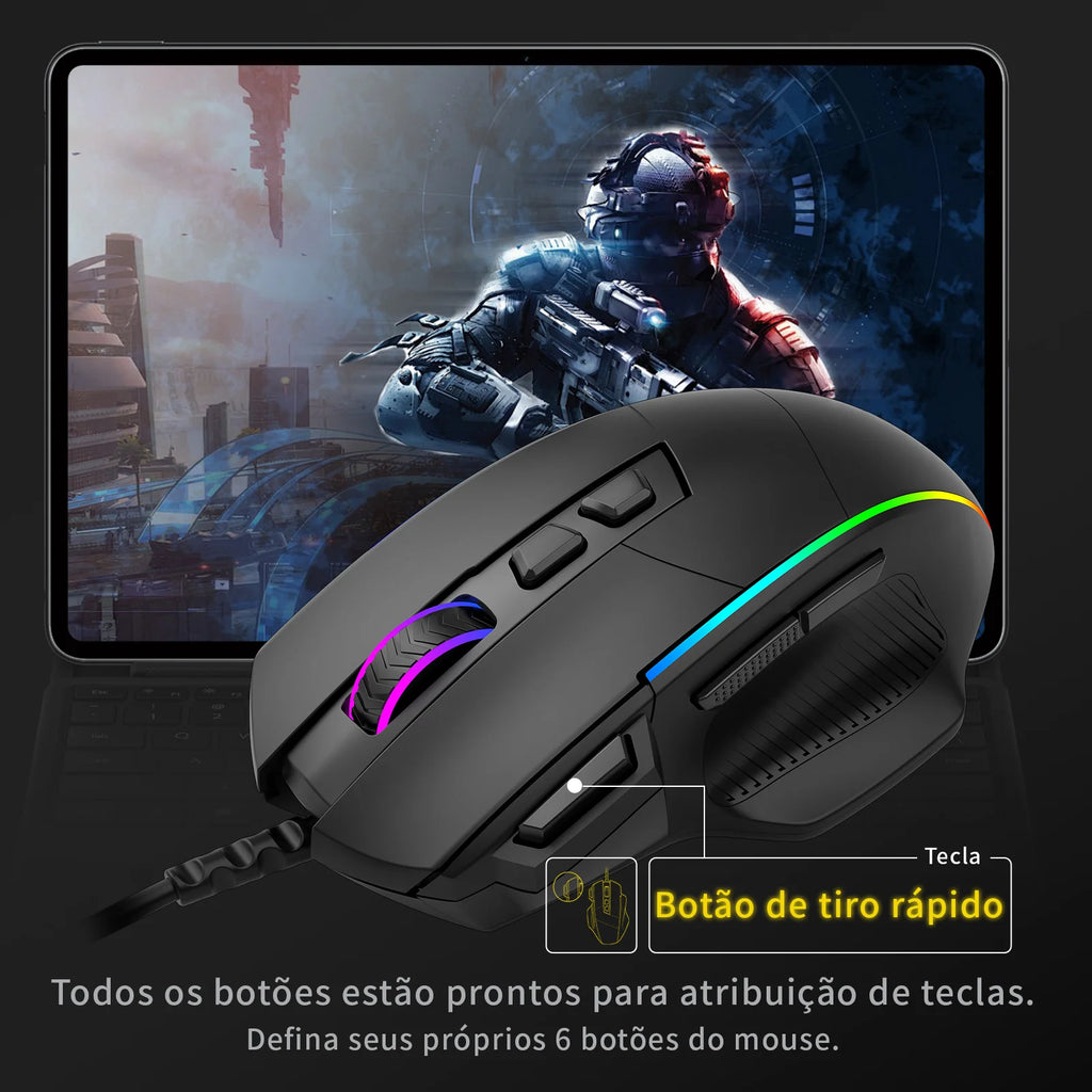 Mouse Gamer com Fio, 5 Botoes Laterais Programaveis, Luz RGB Dinamica, DPI 12400 Ajustavel