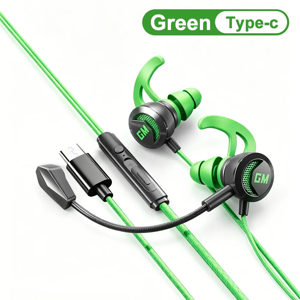 Fones de Ouvido Intra-auriculares para Jogos com Microfone HD, Estéreo HiFi, Tipo C e Conectores de 3,5mm