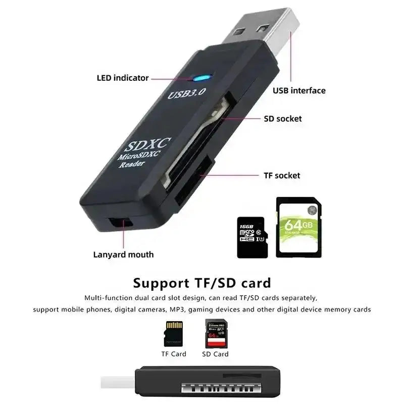 Leitor de cartão multifuncional 2 em 1, usb 3.0, mini sd, tf, leitor de cartão de memória, adaptador para laptops, acessórios
