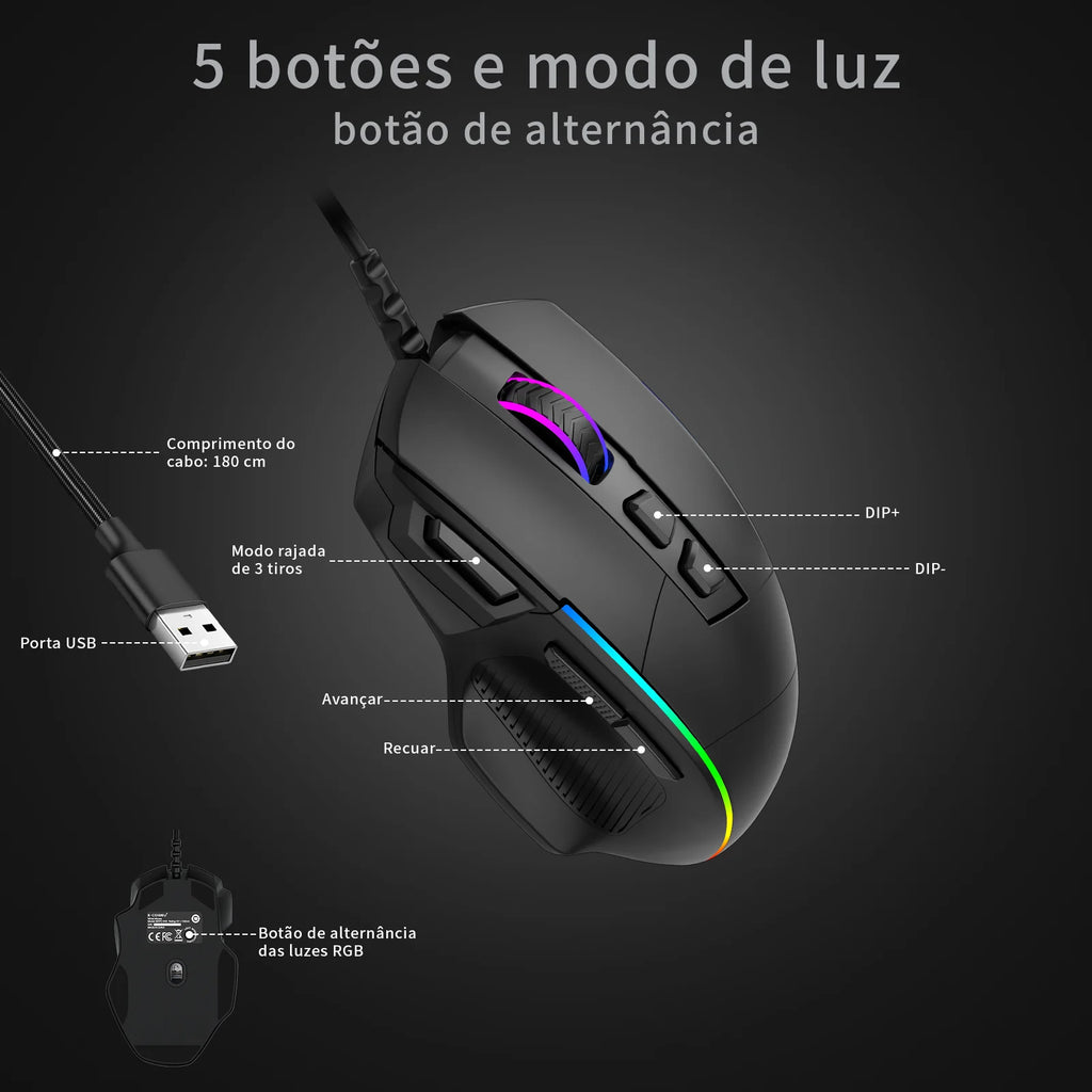 Mouse Gamer com Fio, 5 Botoes Laterais Programaveis, Luz RGB Dinamica, DPI 12400 Ajustavel