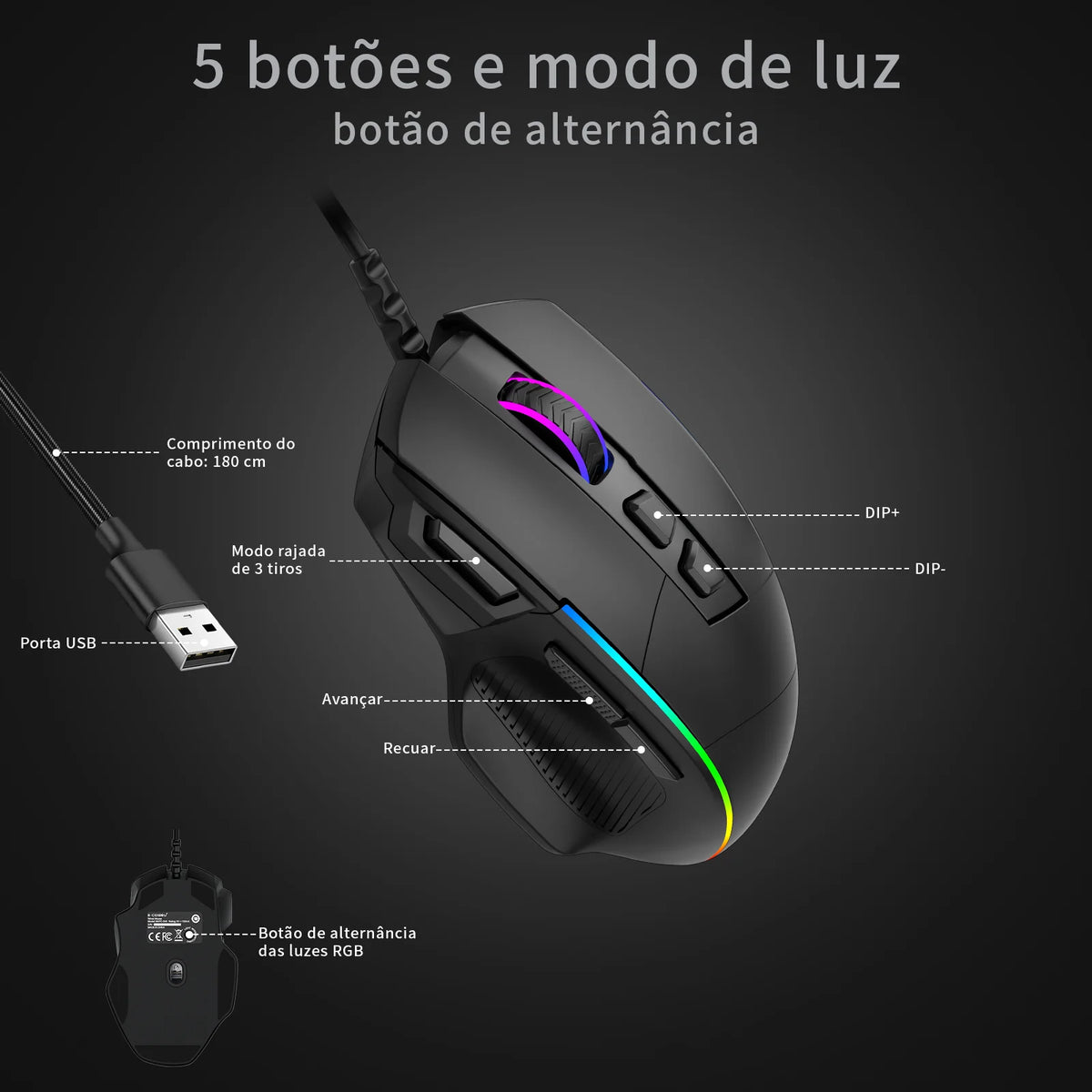 Mouse Gamer com Fio, 5 Botoes Laterais Programaveis, Luz RGB Dinamica, DPI 12400 Ajustavel