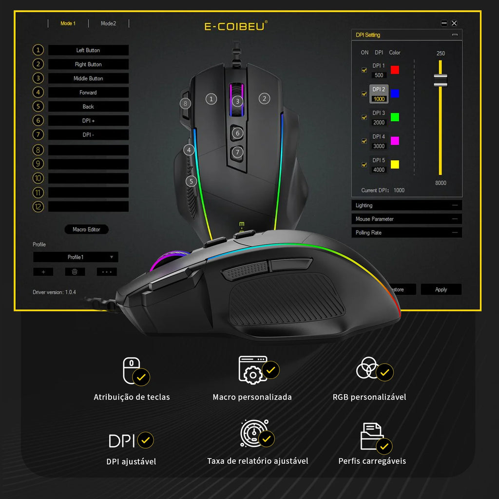 Mouse Gamer com Fio, 5 Botoes Laterais Programaveis, Luz RGB Dinamica, DPI 12400 Ajustavel