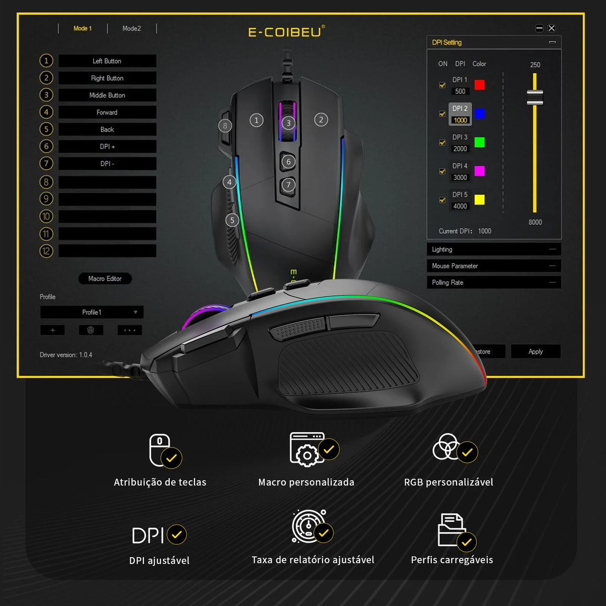 Mouse Gamer com Fio, 5 Botoes Laterais Programaveis, Luz RGB Dinamica, DPI 12400 Ajustavel