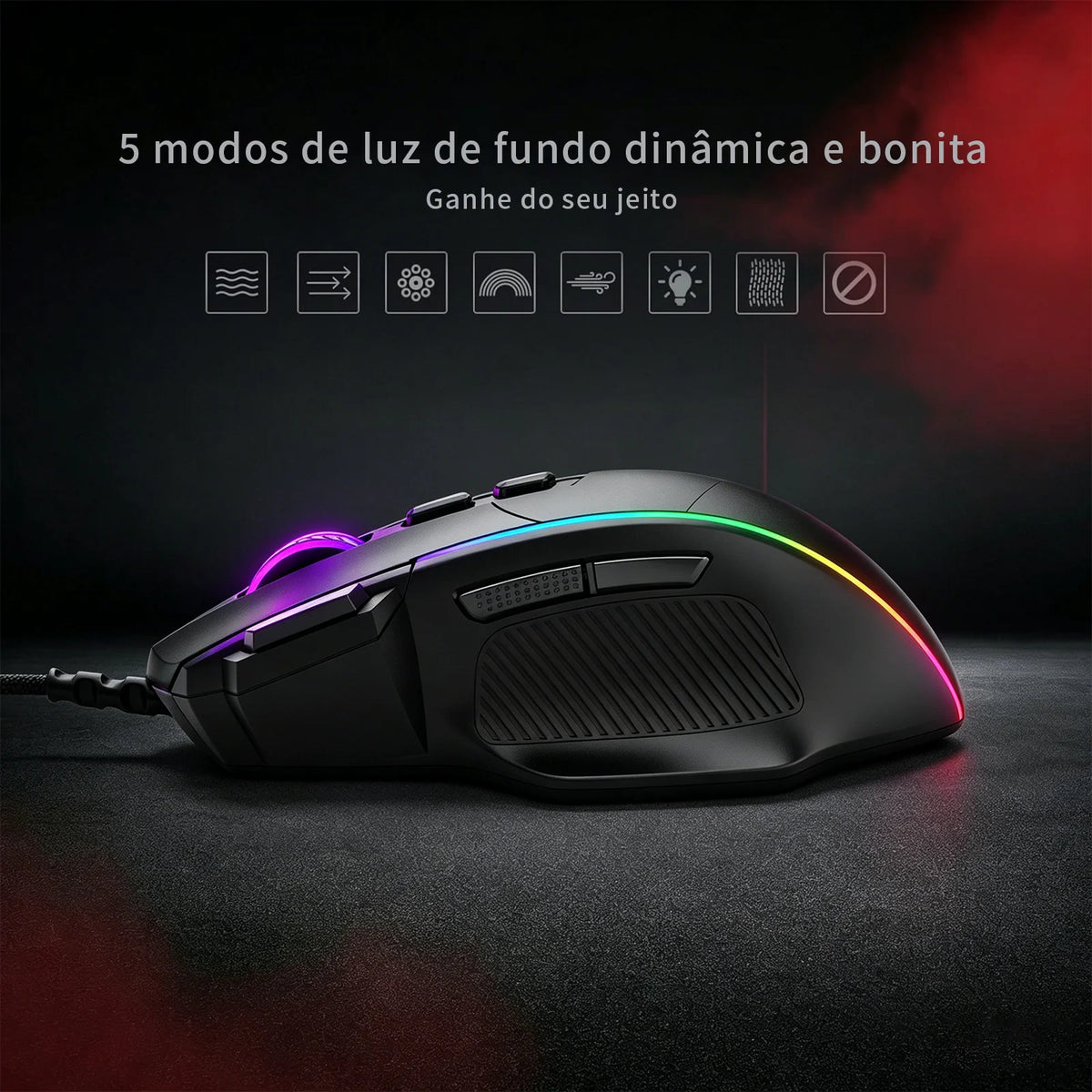 Mouse Gamer com Fio, 5 Botoes Laterais Programaveis, Luz RGB Dinamica, DPI 12400 Ajustavel