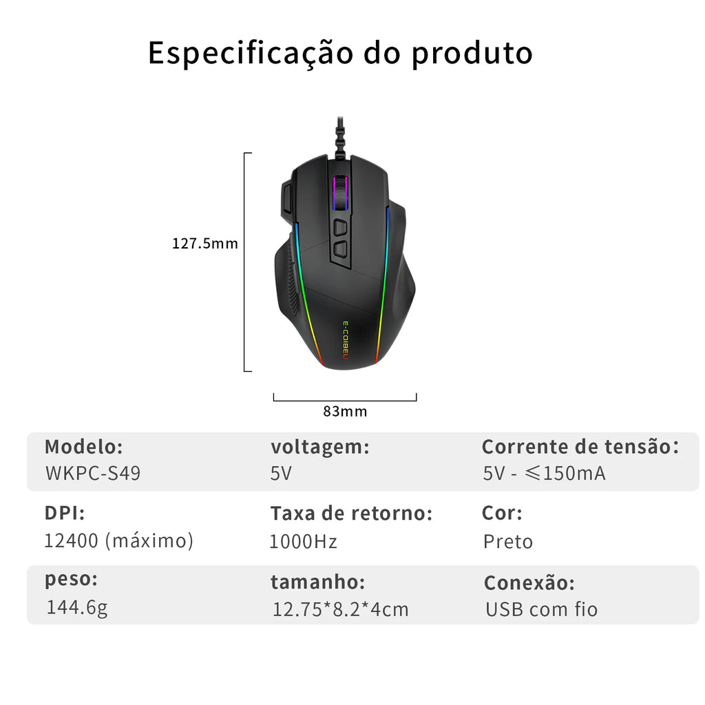 Mouse Gamer com Fio, 5 Botoes Laterais Programaveis, Luz RGB Dinamica, DPI 12400 Ajustavel