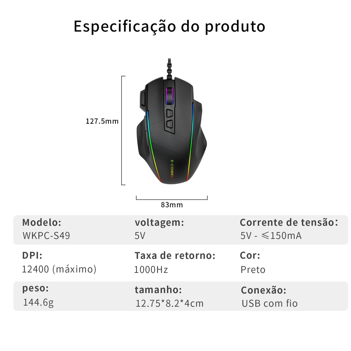 Mouse Gamer com Fio, 5 Botoes Laterais Programaveis, Luz RGB Dinamica, DPI 12400 Ajustavel