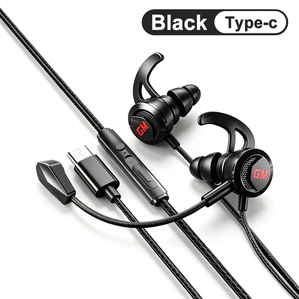 Fones de Ouvido Intra-auriculares para Jogos com Microfone HD, Estéreo HiFi, Tipo C e Conectores de 3,5mm