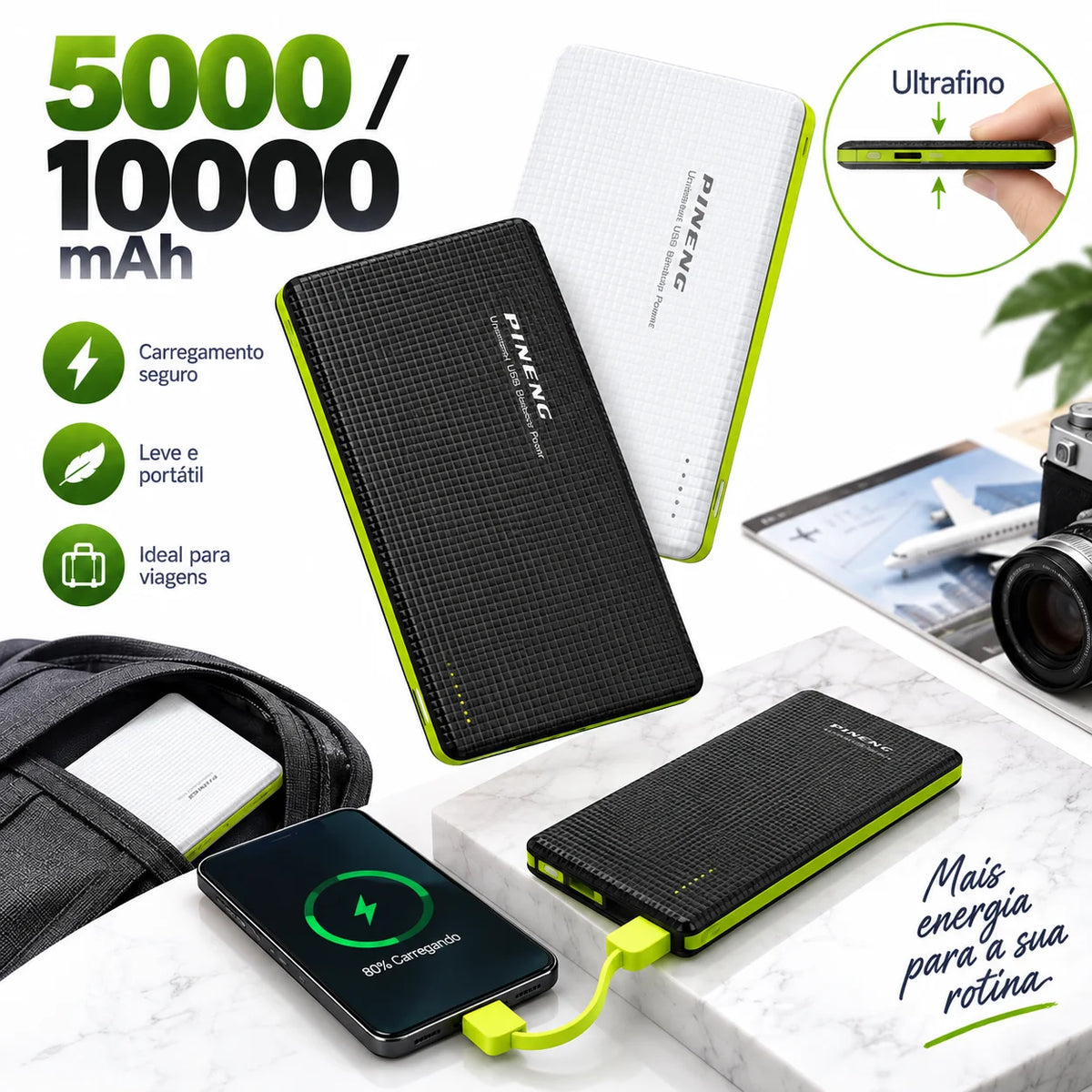 Power Bank 5000mAh E 10000mAh Com Adaptador E V8 Carregador Portátil Para Uso Diário E Viagem