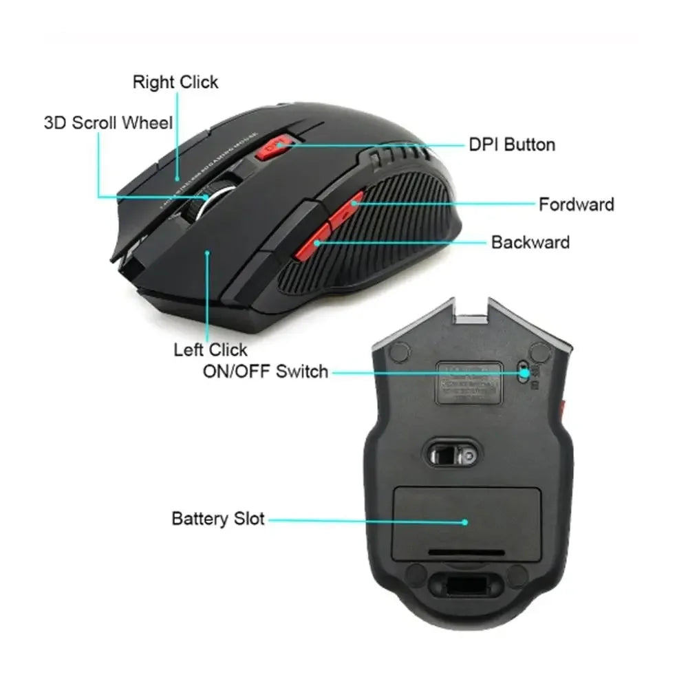 Mouse Óptico Sem Fio 2.4GHz com Receptor USB e 6 Botões